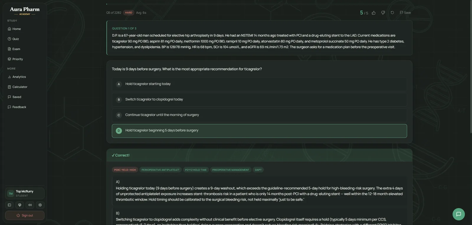 An answered Aura Pharm question showing the correct choice highlighted, concept tags, and a full written rationale for every option with guideline references