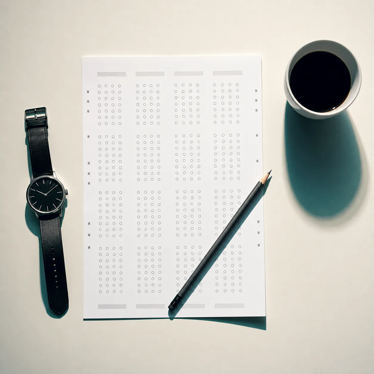An overhead flat-lay of a multiple-choice exam answer sheet with a pencil, a watch, and a cup of coffee