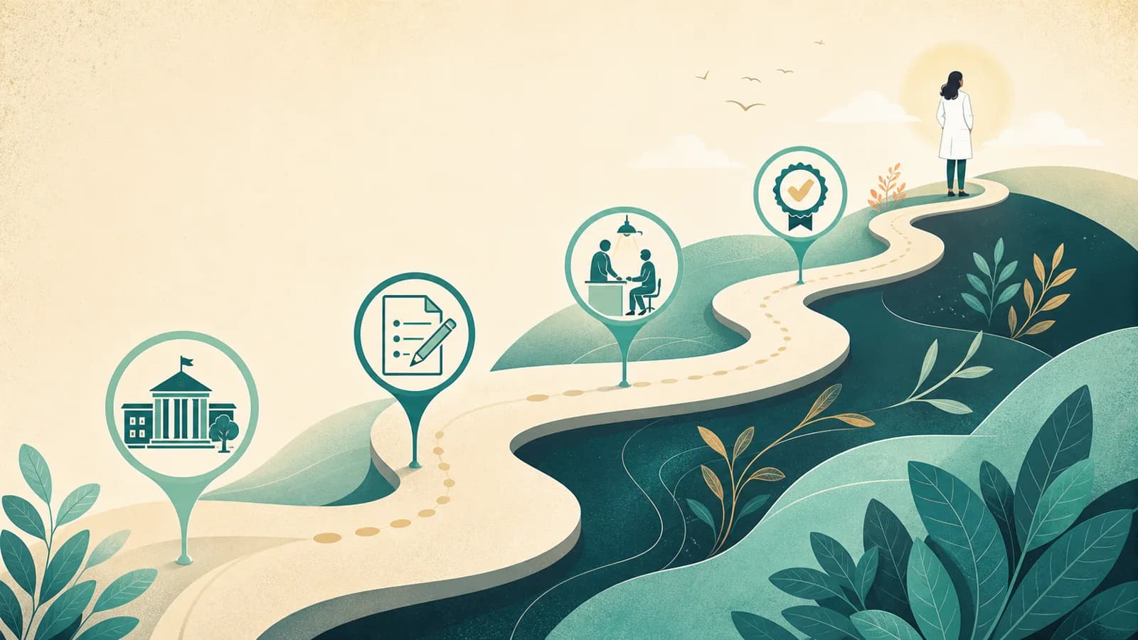 An illustrated path from school through the exam and OSCE to becoming a licensed pharmacist
